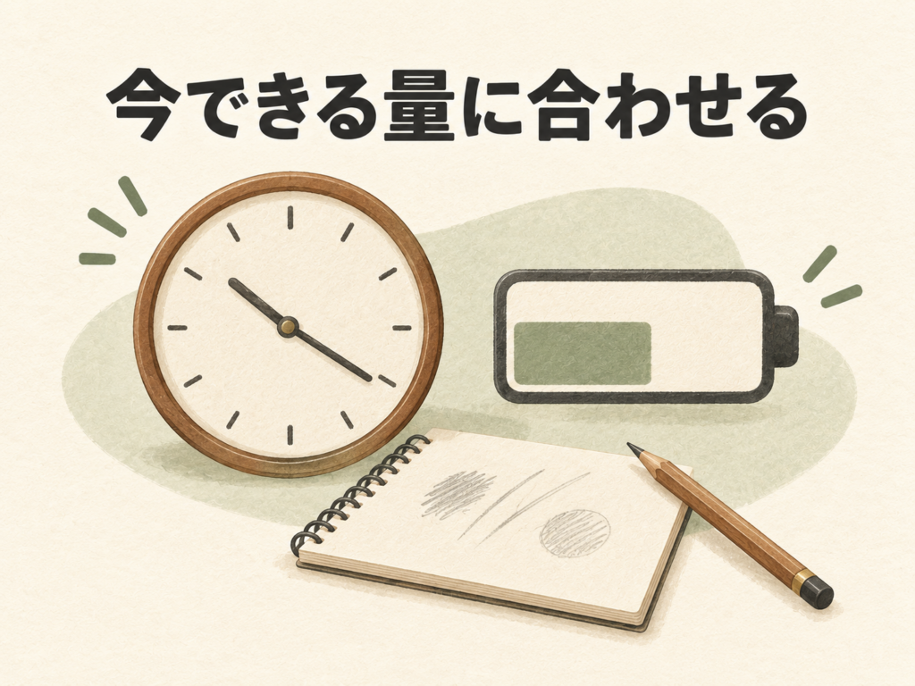 時計と電池で時間と気力を表し、今できる量に趣味を合わせることを示す図。