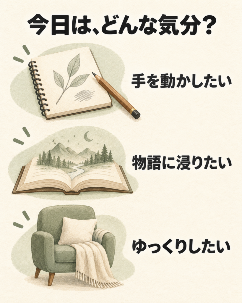 今日の気分の3例。手を動かしたい、物語に浸りたい、ゆっくりしたい。