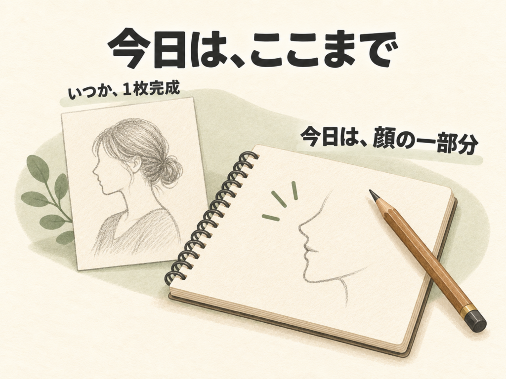 いつかイラストを1枚完成させる目標は持ちながら、今日は顔の一部分だけ描く例。