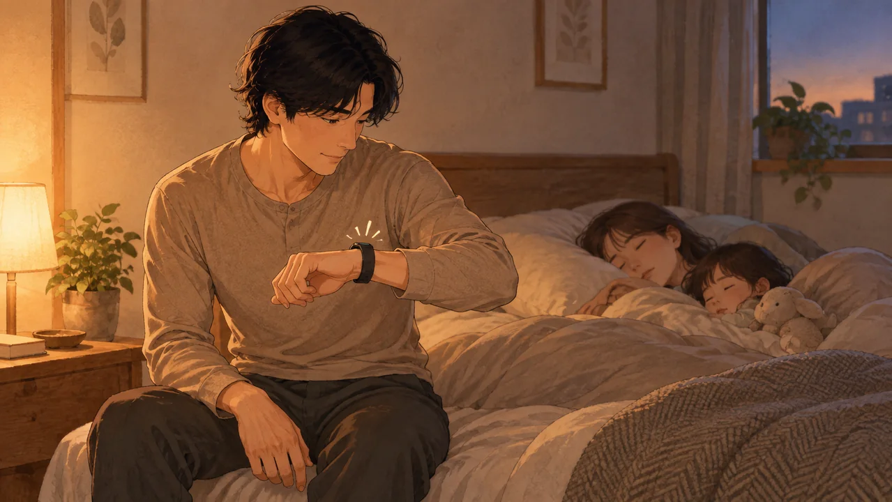 スマートバンドの振動で静かに目覚め、眠る家族を見守る父親のイラスト