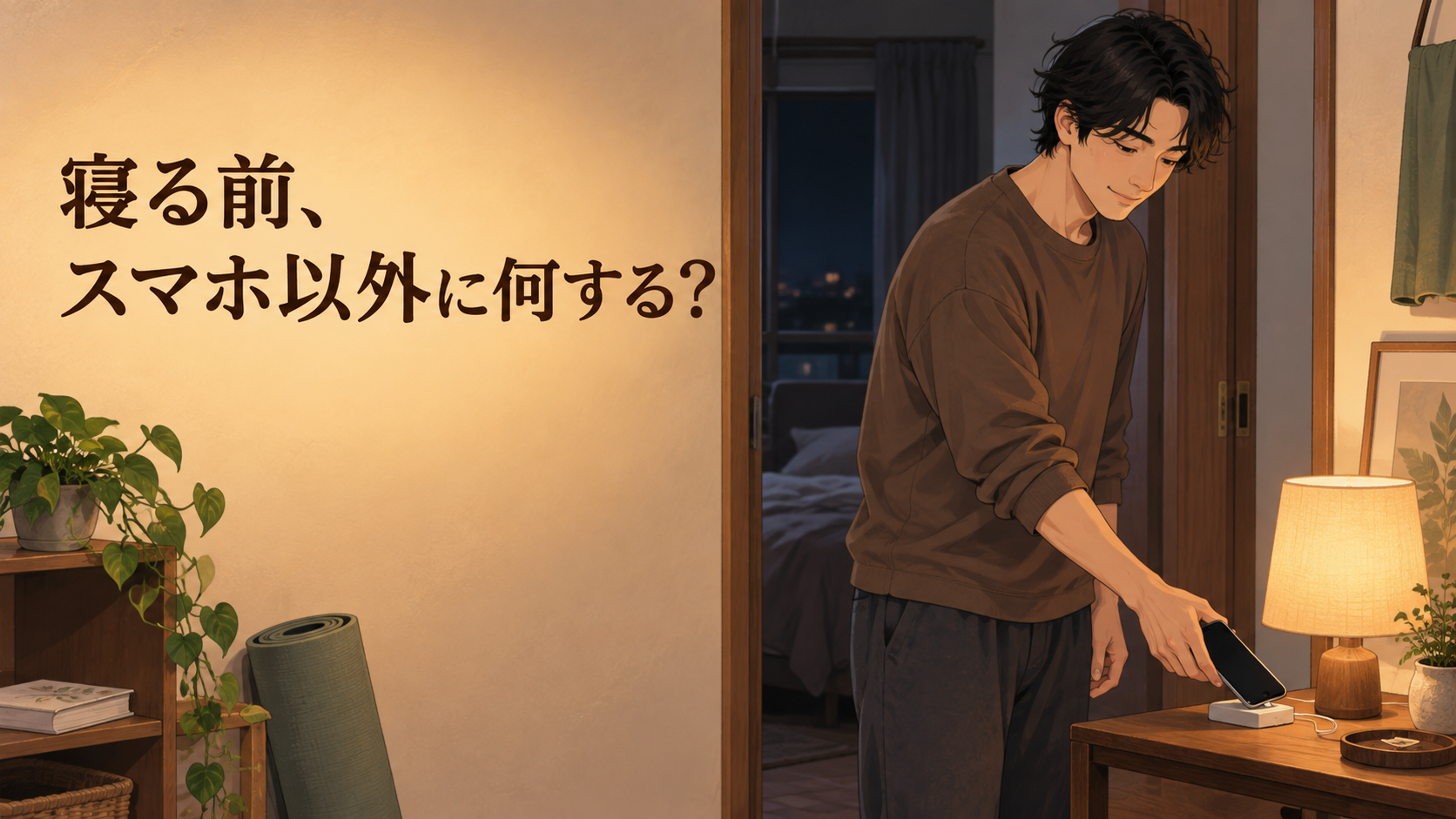 夜、別室でスマホを充電する人物と「寝る前、スマホ以外に何する？」の文字