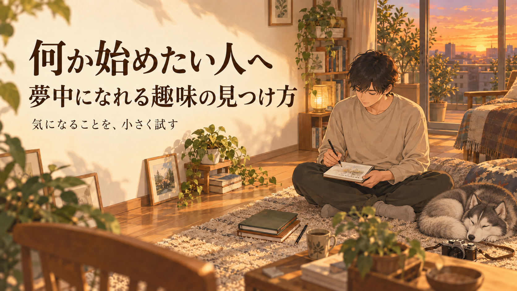 暖かな部屋でスケッチを楽しむ人物と、隣で眠るシベリアンハスキー