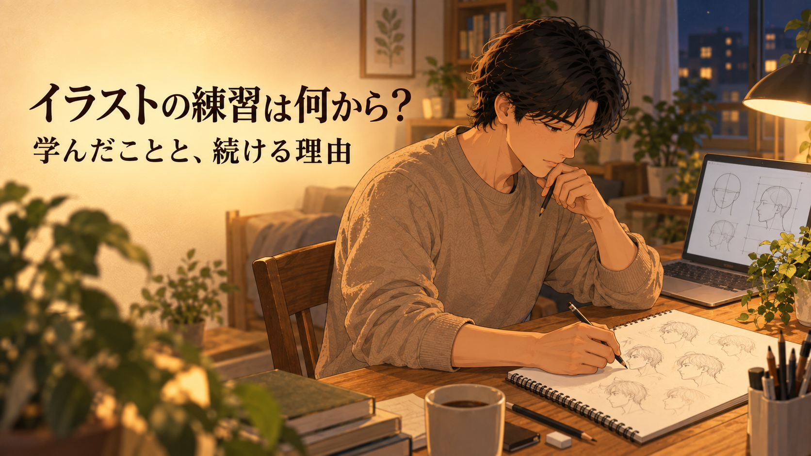 暖かい照明の机で、顔の描き方を学びながらスケッチブックに向き合う人物