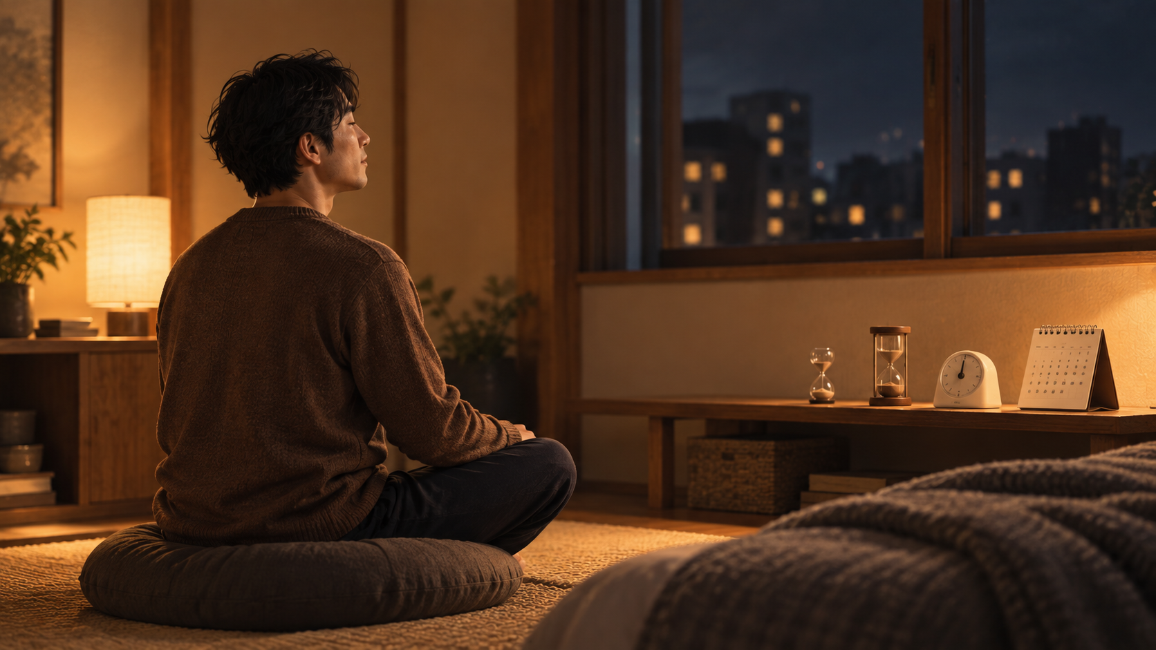 夜の部屋で瞑想を習慣にする男性