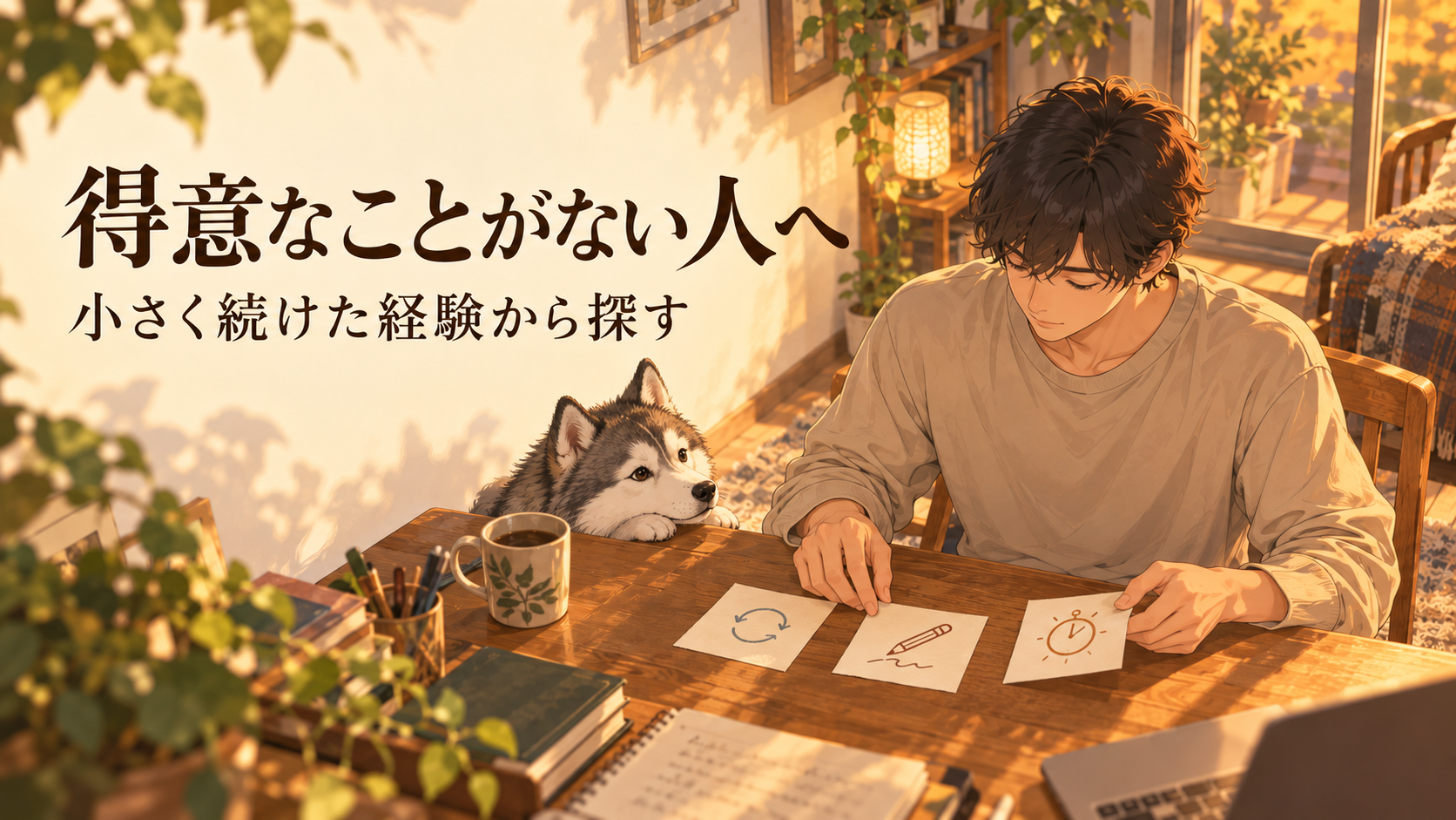 得意なことがないと悩む人が、小さな取り組みの手がかりをカードで探すイラスト