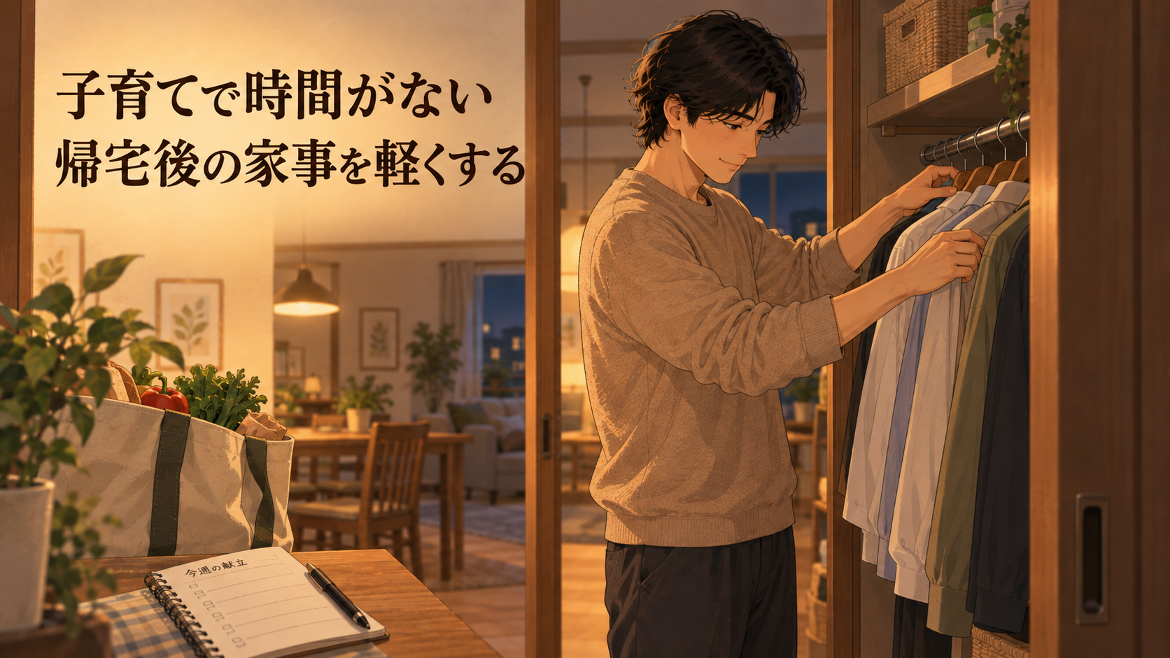 暖かい照明の部屋で、洗濯物をハンガーのままクローゼットへ移す人物