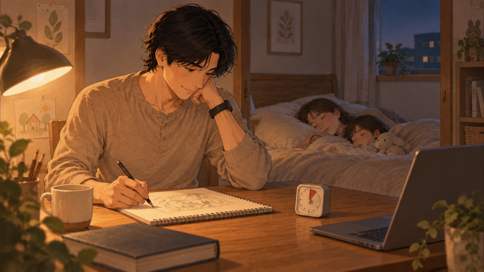 寝かしつけ後、5分だけ絵を描いて自分の時間を持つ父親