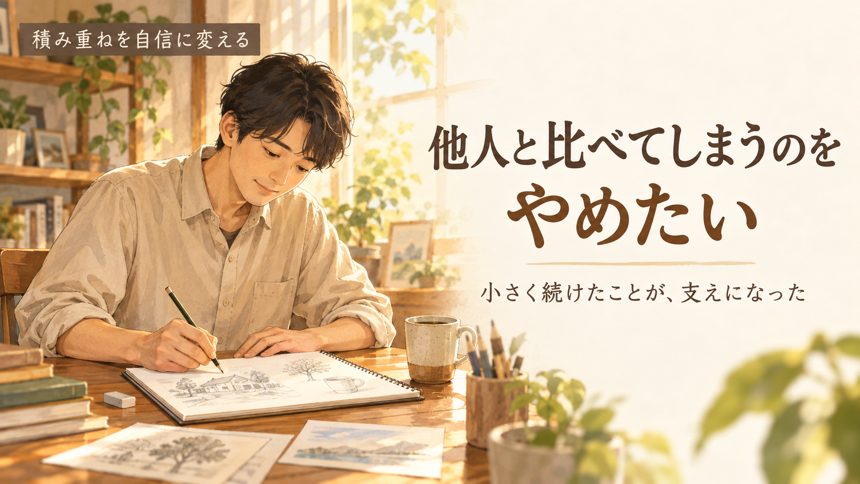 イラストを描く男性と「他人と比べてしまうのをやめたい」の見出し