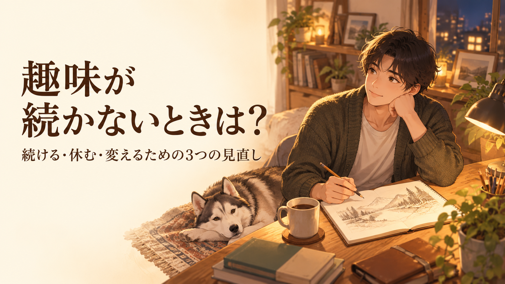 夜の机でスケッチブックを開く男性とシベリアンハスキー。「趣味が続かないときは？」という記事タイトル。