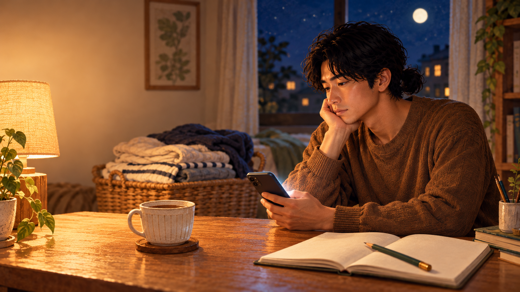 髪を結んだ男性が夜の机でスマートフォンを見ている